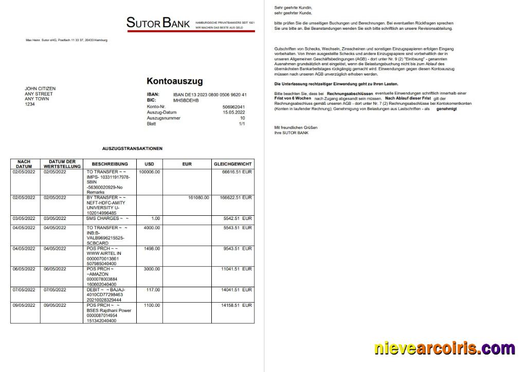 Germany Sutor Bank statement on Deutsch, 2 pages